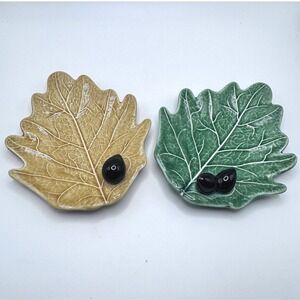 Vintage Bordallo Pinheiro Portugal Leaf Plates Set of 2 Majolica Fig Leaf Dishes